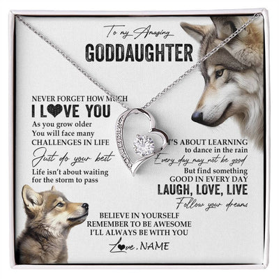 Forever Love Necklace 14K White Gold Finish | 1 | Personalized To My Goddaughter Necklace From Godmother Just Do You Best Laugh Love Live Wolf Goddaughter Birthday Christmas Customized Gift Box Message Card | siriusteestore