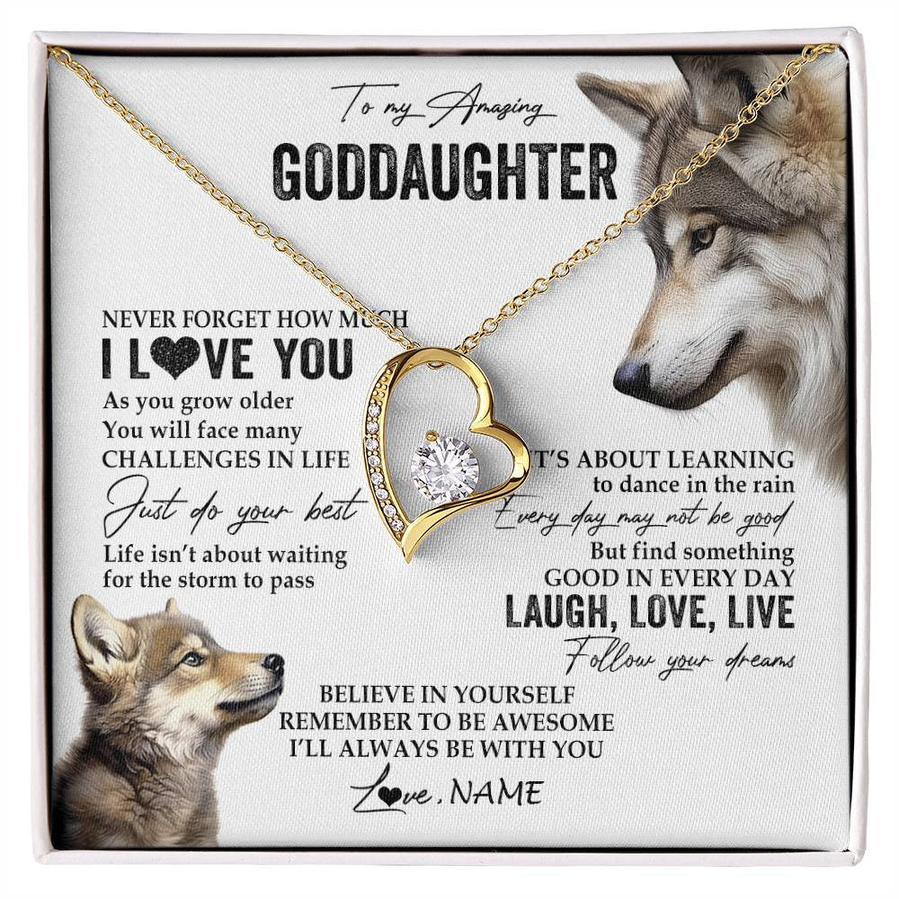Forever Love Necklace 18K Yellow Gold Finish | 1 | Personalized To My Goddaughter Necklace From Godmother Just Do You Best Laugh Love Live Wolf Goddaughter Birthday Christmas Customized Gift Box Message Card | siriusteestore