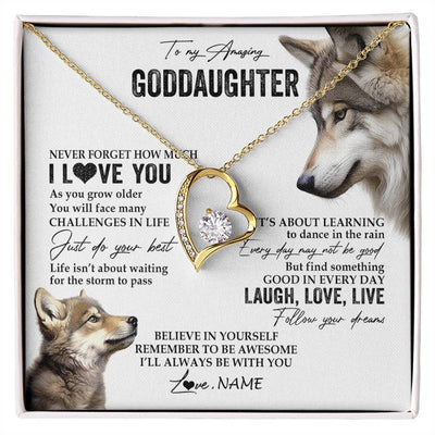 Forever Love Necklace 18K Yellow Gold Finish | 1 | Personalized To My Goddaughter Necklace From Godmother Just Do You Best Laugh Love Live Wolf Goddaughter Birthday Christmas Customized Gift Box Message Card | siriusteestore