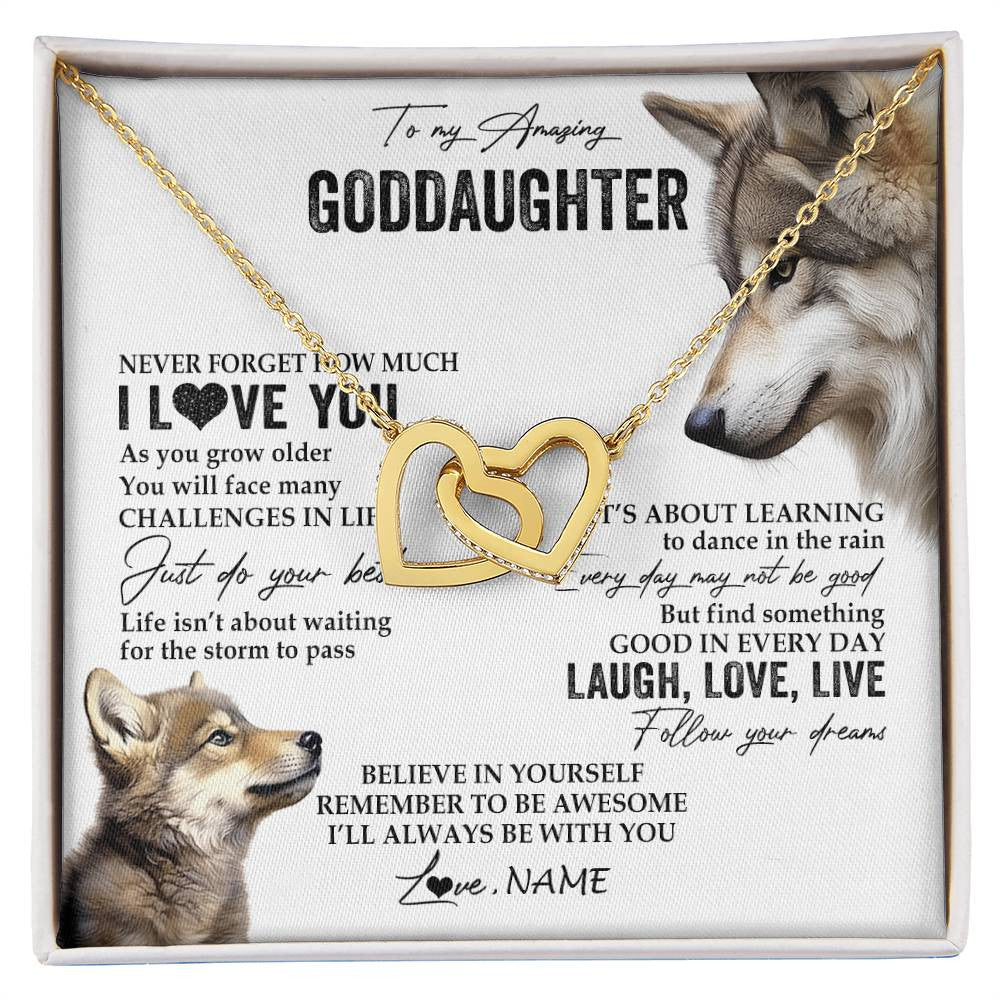 Interlocking Hearts Necklace 18K Yellow Gold Finish | 1 | Personalized To My Goddaughter Necklace From Godmother Just Do You Best Laugh Love Live Wolf Goddaughter Birthday Christmas Customized Gift Box Message Card | siriusteestore
