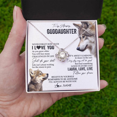 Love Knot Necklace 14K White Gold Finish | 2 | Personalized To My Goddaughter Necklace From Godmother Just Do You Best Laugh Love Live Wolf Goddaughter Birthday Christmas Customized Gift Box Message Card | siriusteestore