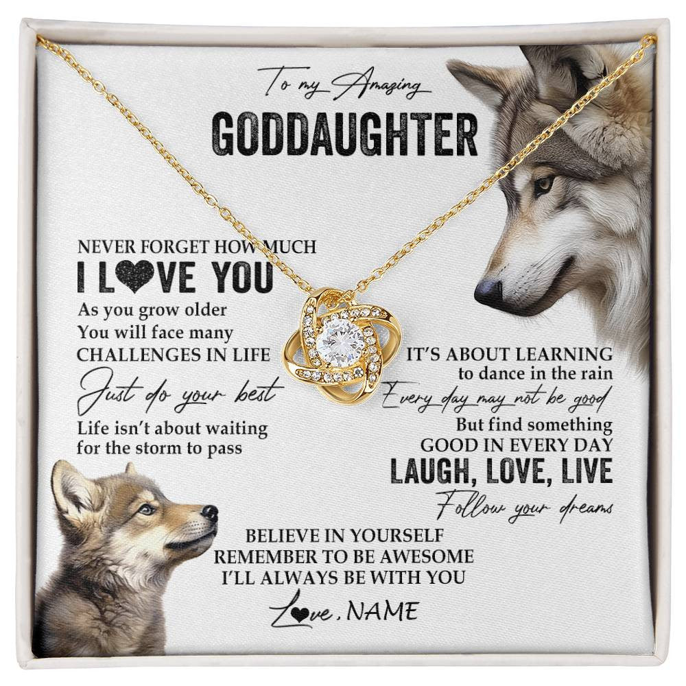 Love Knot Necklace 18K Yellow Gold Finish | 1 | Personalized To My Goddaughter Necklace From Godmother Just Do You Best Laugh Love Live Wolf Goddaughter Birthday Christmas Customized Gift Box Message Card | siriusteestore