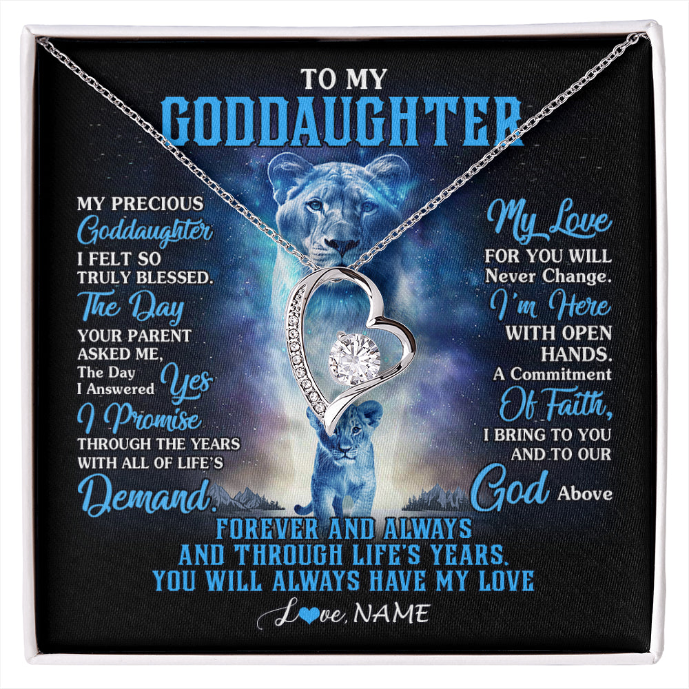 Forever Love Necklace 14K White Gold Finish | 1 | Personalized To My Goddaughter Necklace From Godmother Lion My Precious Goddaughter Birthday Graduation Christmas Customized Gift Box Message Card | siriusteestore