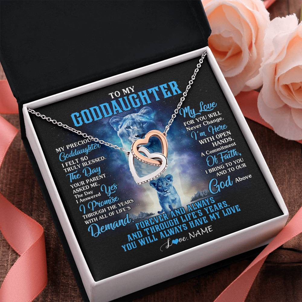 Interlocking Hearts Necklace Stainless Steel & Rose Gold Finish | 2 | Personalized To My Goddaughter Necklace From Godmother Lion My Precious Goddaughter Birthday Graduation Christmas Customized Gift Box Message Card | siriusteestore