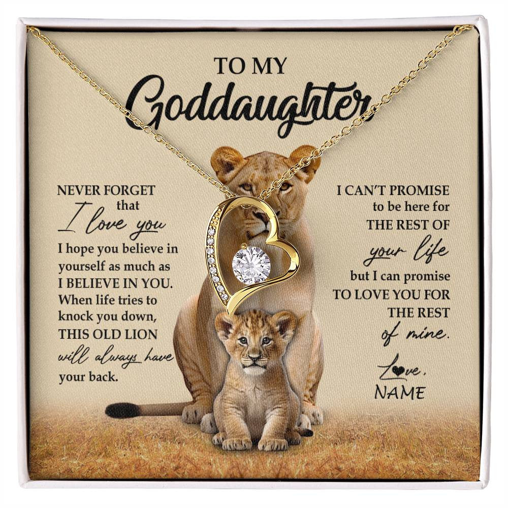 Forever Love Necklace 18K Yellow Gold Finish | 1 | Personalized To My Goddaughter Necklace From Godmother Lion Never Forget That I Love You Goddaughter Jewelry Birthday Graduation Christmas Customized Message Card | siriusteestore