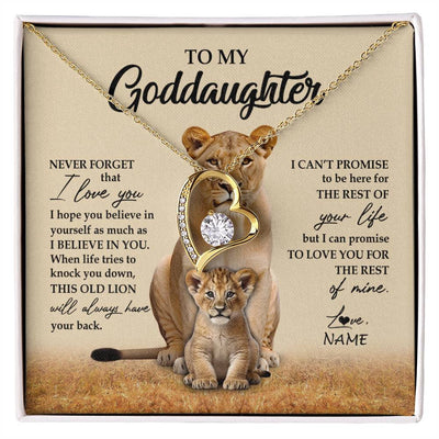 Forever Love Necklace 18K Yellow Gold Finish | 1 | Personalized To My Goddaughter Necklace From Godmother Lion Never Forget That I Love You Goddaughter Jewelry Birthday Graduation Christmas Customized Message Card | siriusteestore