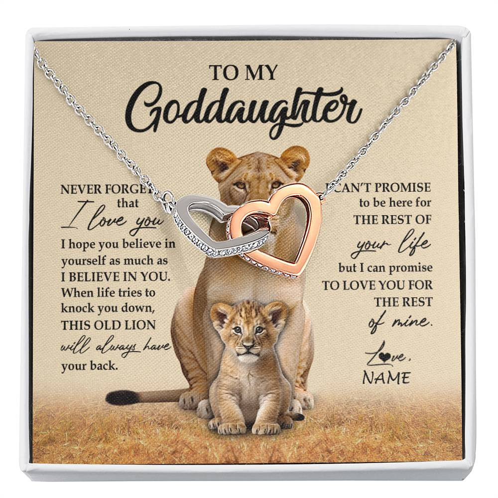 Interlocking Hearts Necklace Stainless Steel & Rose Gold Finish | 1 | Personalized To My Goddaughter Necklace From Godmother Lion Never Forget That I Love You Goddaughter Jewelry Birthday Graduation Christmas Customized Message Card | siriusteestore