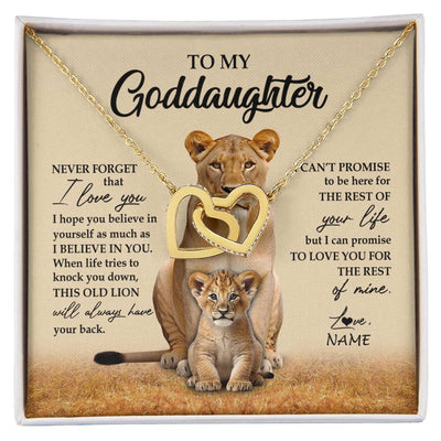 Interlocking Hearts Necklace 18K Yellow Gold Finish | 1 | Personalized To My Goddaughter Necklace From Godmother Lion Never Forget That I Love You Goddaughter Jewelry Birthday Graduation Christmas Customized Message Card | siriusteestore