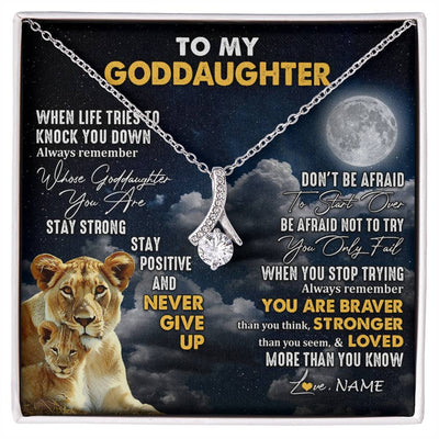 Alluring Beauty Necklace 14K White Gold Finish | 1 | Personalized To My Goddaughter Necklace From Godmother Lion Never Give Up Goddaughter Birthday Graduation Christmas Jewelry Customized Gift Box Message Card | siriusteestore