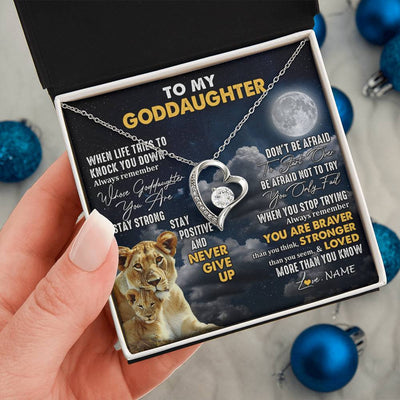 Forever Love Necklace 14K White Gold Finish | 2 | Personalized To My Goddaughter Necklace From Godmother Lion Never Give Up Goddaughter Birthday Graduation Christmas Jewelry Customized Gift Box Message Card | siriusteestore