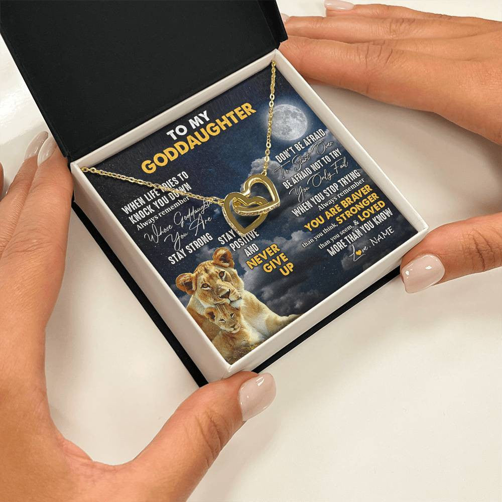 Interlocking Hearts Necklace 18K Yellow Gold Finish | 2 | Personalized To My Goddaughter Necklace From Godmother Lion Never Give Up Goddaughter Birthday Graduation Christmas Jewelry Customized Gift Box Message Card | siriusteestore