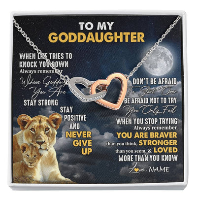 Interlocking Hearts Necklace Stainless Steel & Rose Gold Finish | 1 | Personalized To My Goddaughter Necklace From Godmother Lion Never Give Up Goddaughter Birthday Graduation Christmas Jewelry Customized Gift Box Message Card | siriusteestore