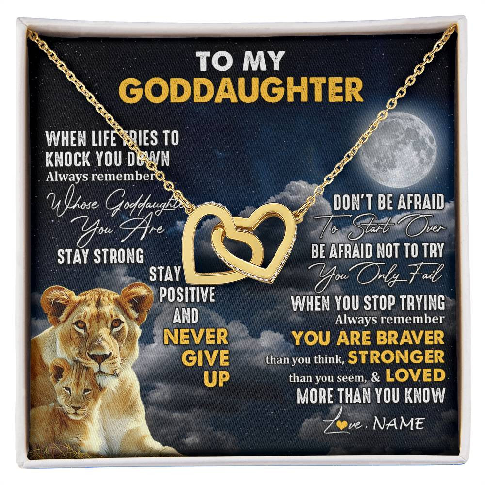 Interlocking Hearts Necklace 18K Yellow Gold Finish | 1 | Personalized To My Goddaughter Necklace From Godmother Lion Never Give Up Goddaughter Birthday Graduation Christmas Jewelry Customized Gift Box Message Card | siriusteestore