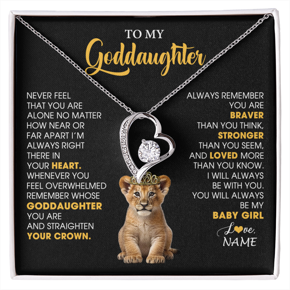 Forever Love Necklace 14K White Gold Finish | 1 | Personalized To My Goddaughter Necklace From Godmother Never Feel You Are Alone Lion Birthday Gift Goddaughter Christmas Customized Gift Box Message Card | siriusteestore