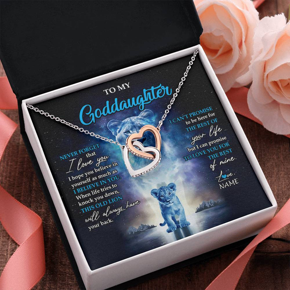 Interlocking Hearts Necklace Stainless Steel & Rose Gold Finish | 2 | Personalized To My Goddaughter Necklace From Godmother Never Forget I Love You Lion Goddaughter Jewelry Birthday Graduation Christmas Customized Message Card | siriusteestore