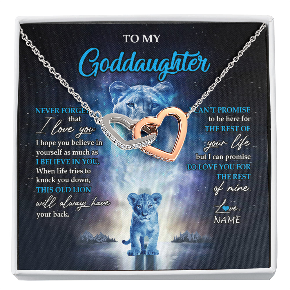 Interlocking Hearts Necklace Stainless Steel & Rose Gold Finish | 1 | Personalized To My Goddaughter Necklace From Godmother Never Forget I Love You Lion Goddaughter Jewelry Birthday Graduation Christmas Customized Message Card | siriusteestore