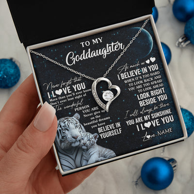 Forever Love Necklace 14K White Gold Finish | 2 | Personalized To My Goddaughter Necklace From Godmother Never Forget I Love You White Tiger Goddaughter Birthday Christmas Customized Gift Box Message Card | siriusteestore