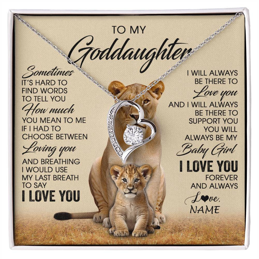 Forever Love Necklace 14K White Gold Finish | 1 | Personalized To My Goddaughter Necklace From Godmother Sometimes It's Hard Lion Goddaughter Gift Birthday Jewelry Christmas Customized Gift Box Message Card | siriusteestore