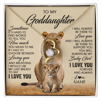 Forever Love Necklace 18K Yellow Gold Finish | 1 | Personalized To My Goddaughter Necklace From Godmother Sometimes It's Hard Lion Goddaughter Gift Birthday Jewelry Christmas Customized Gift Box Message Card | siriusteestore