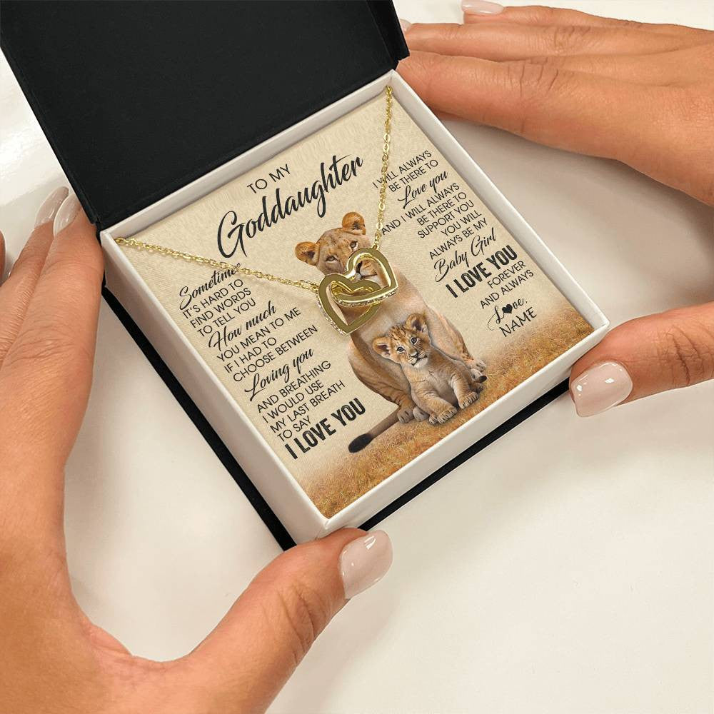 Interlocking Hearts Necklace 18K Yellow Gold Finish | 2 | Personalized To My Goddaughter Necklace From Godmother Sometimes It's Hard Lion Goddaughter Gift Birthday Jewelry Christmas Customized Gift Box Message Card | siriusteestore