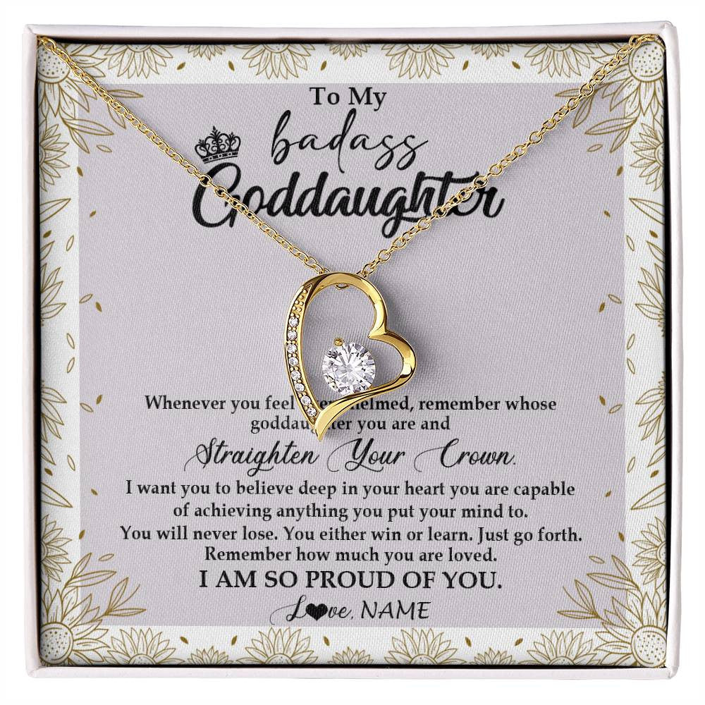 Forever Love Necklace 18K Yellow Gold Finish | Personalized To My Goddaughter Necklace From Godmother Straighten Your Crown Goddaughter Birthday Graduation Christmas Jewelry Customized Gift Box Message Card | siriusteestore
