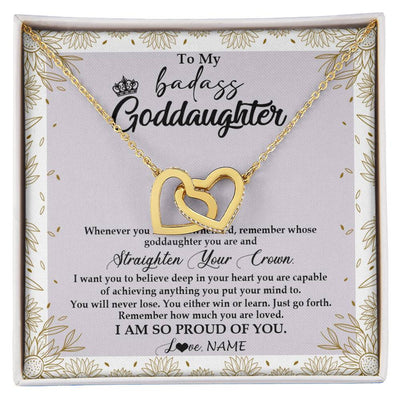 Interlocking Hearts Necklace 18K Yellow Gold Finish | Personalized To My Goddaughter Necklace From Godmother Straighten Your Crown Goddaughter Birthday Graduation Christmas Jewelry Customized Gift Box Message Card | siriusteestore