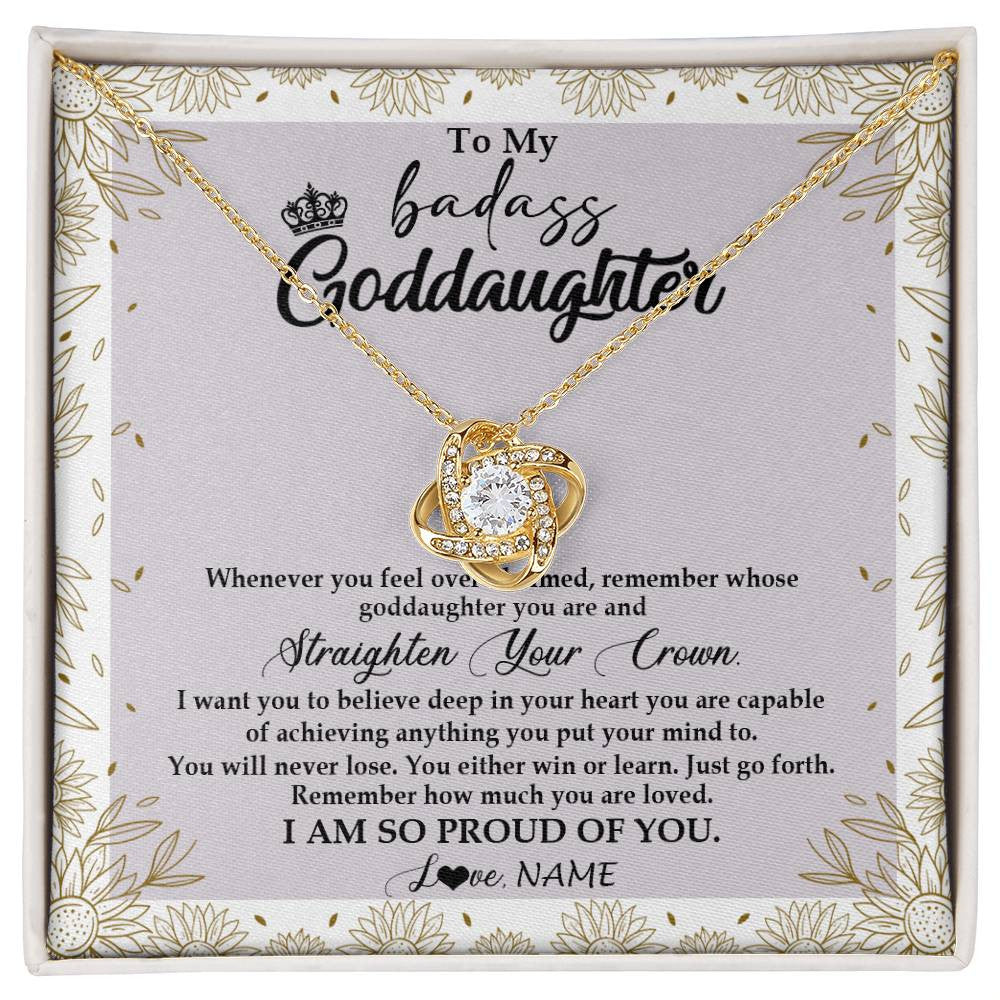 Love Knot Necklace 18K Yellow Gold Finish | Personalized To My Goddaughter Necklace From Godmother Straighten Your Crown Goddaughter Birthday Graduation Christmas Jewelry Customized Gift Box Message Card | siriusteestore
