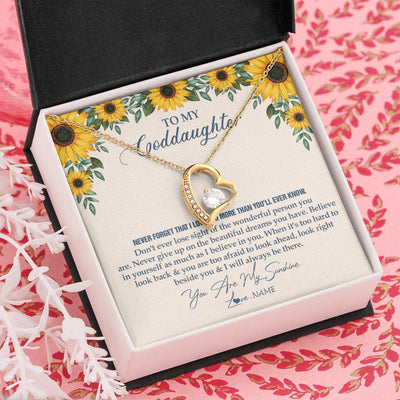 Forever Love Necklace 18K Yellow Gold Finish | Personalized To My Goddaughter Necklace From Godmother Sunflower You Are My Sunshine Goddaughter Jewelry Graduation Birthday Customized Gift Box Message Card | siriusteestore