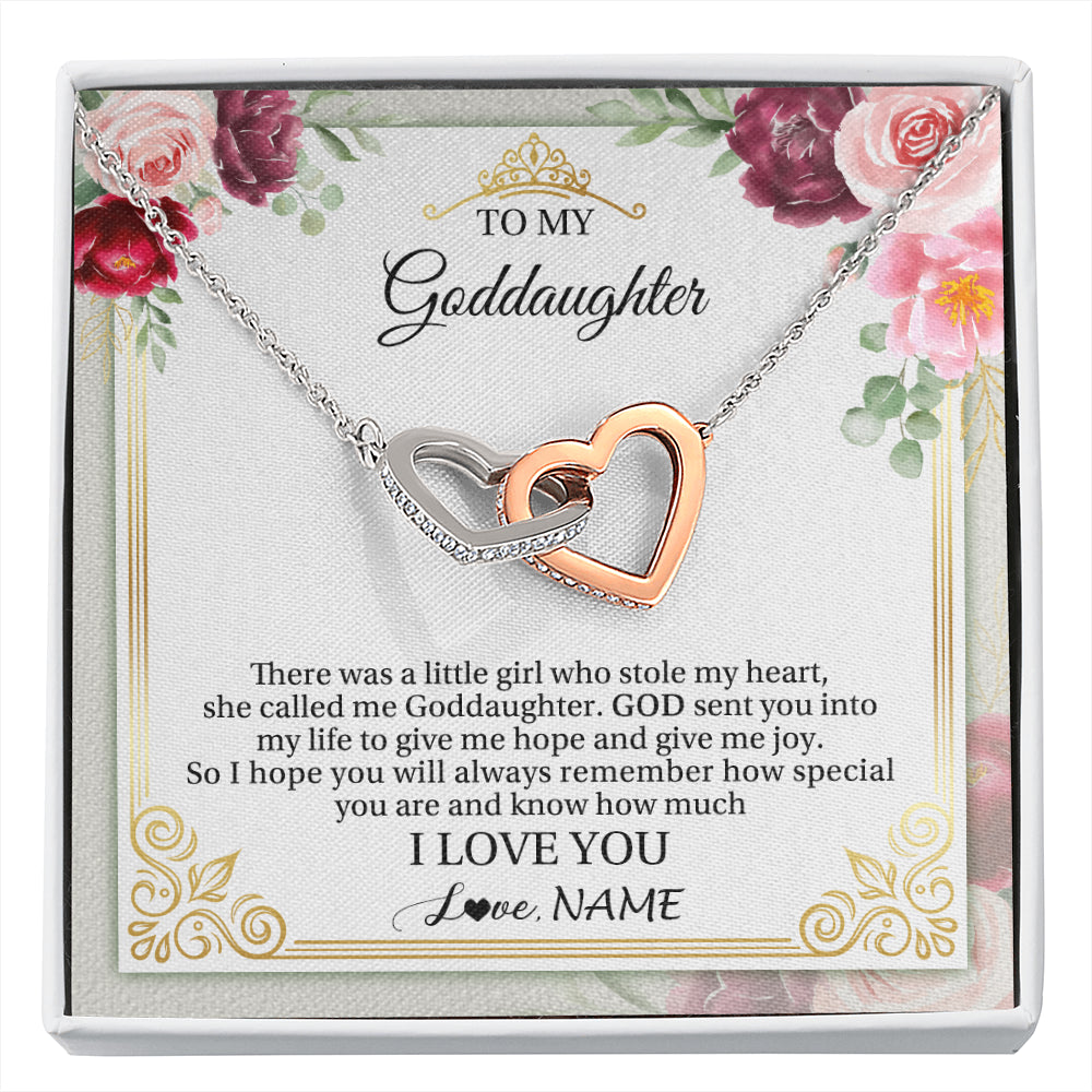 Interlocking Hearts Necklace Stainless Steel & Rose Gold Finish | 1 | Personalized To My Goddaughter Necklace From Godmother There Was A Little Girl Goddaughter Birthday Gifts Jewelry Christmas Customized Gift Box Message Card | siriusteestore