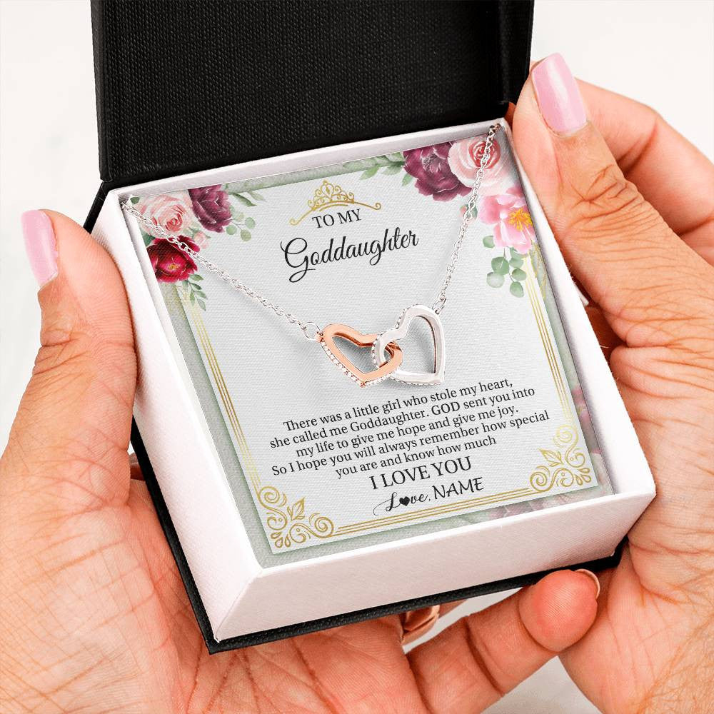 Interlocking Hearts Necklace Stainless Steel & Rose Gold Finish | 2 | Personalized To My Goddaughter Necklace From Godmother There Was A Little Girl Goddaughter Birthday Gifts Jewelry Christmas Customized Gift Box Message Card | siriusteestore