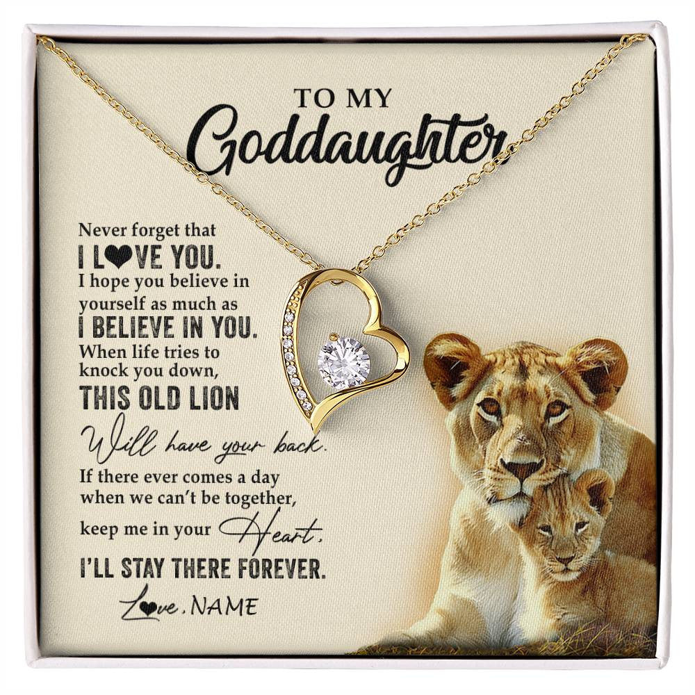 Forever Love Necklace 18K Yellow Gold Finish | 1 | Personalized To My Goddaughter Necklace From Godmother This Old Lion Never Forget I Love You Jewelry Birthday Christmas Customized Gift Box Message Card | siriusteestore