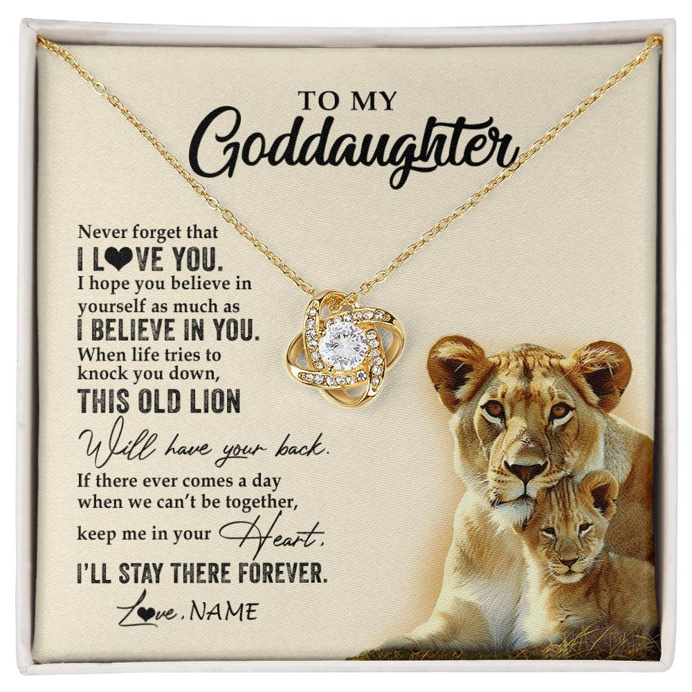 Love Knot Necklace 18K Yellow Gold Finish | 1 | Personalized To My Goddaughter Necklace From Godmother This Old Lion Never Forget I Love You Jewelry Birthday Christmas Customized Gift Box Message Card | siriusteestore