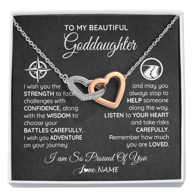 Interlocking Hearts Necklace Stainless Steel & Rose Gold Finish | Personalized To My Goddaughter Necklace From Godmother Uncle Aunt I Wish You The Strength Birthday Graduation Inspirational Customized Gift Box Message Card | siriusteestore