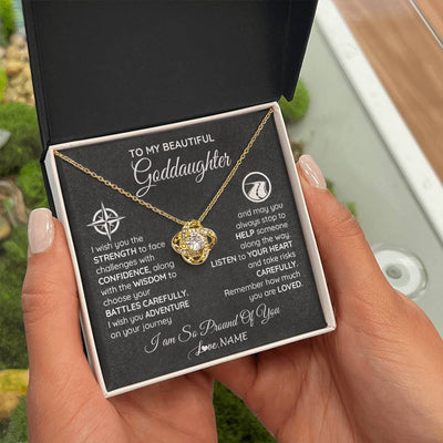 Love Knot Necklace 18K Yellow Gold Finish | Personalized To My Goddaughter Necklace From Godmother Uncle Aunt I Wish You The Strength Birthday Graduation Inspirational Customized Gift Box Message Card | siriusteestore