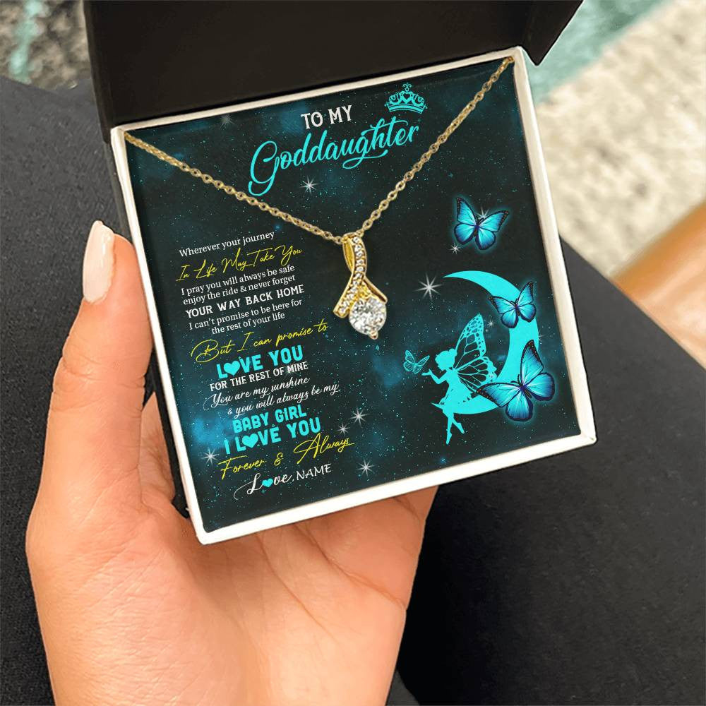 Alluring Beauty Necklace 18K Yellow Gold Finish | 2 | Personalized To My Goddaughter Necklace From Godmother Uncle Fairy Silhouette Fantasy Moon Goddaughter Birthday Christmas Customized Gift Box Message Card | siriusteestore
