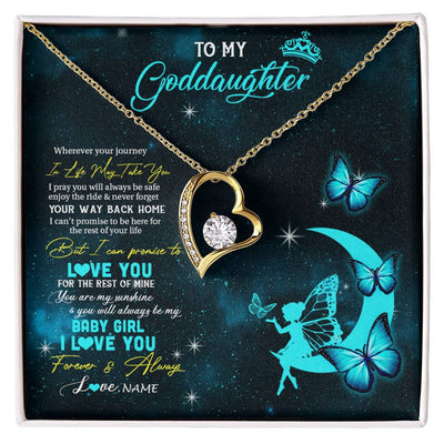 Forever Love Necklace 18K Yellow Gold Finish | 1 | Personalized To My Goddaughter Necklace From Godmother Uncle Fairy Silhouette Fantasy Moon Goddaughter Birthday Christmas Customized Gift Box Message Card | siriusteestore