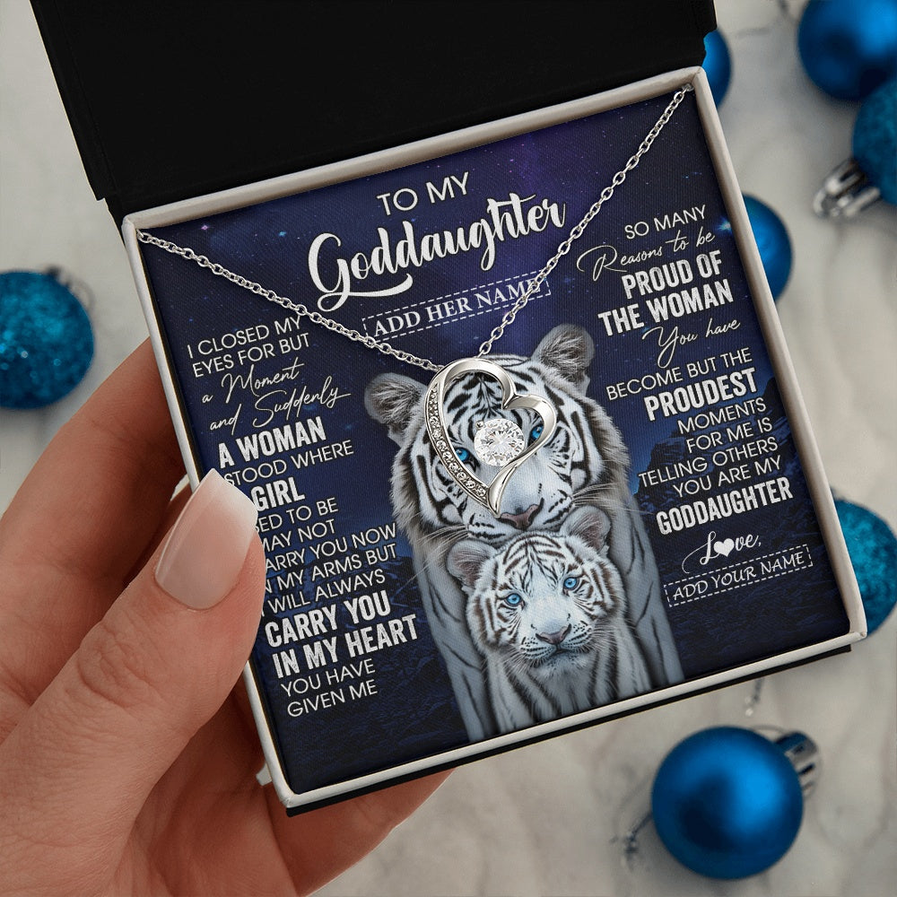 Forever Love Necklace 14K White Gold Finish | 2 | Personalized To My Goddaughter Necklace From Godmother Uncle I Close My Eyes White Tiger Goddaughter Birthday Gift Christmas Gift Box Message Card | https://siriusteestore.