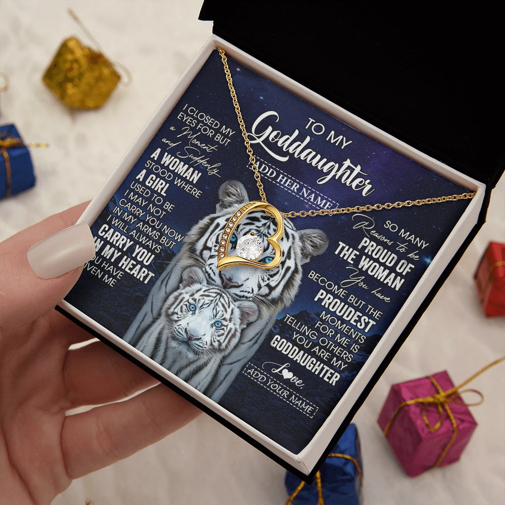 Forever Love Necklace 18K Yellow Gold Finish | 2 | Personalized To My Goddaughter Necklace From Godmother Uncle I Close My Eyes White Tiger Goddaughter Birthday Gift Christmas Gift Box Message Card | https://siriusteestore.