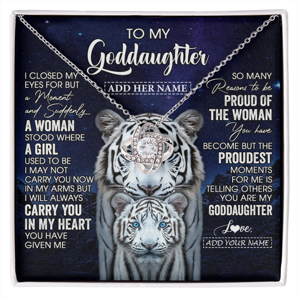 Love Knot Necklace 14K White Gold Finish | 1 | Personalized To My Goddaughter Necklace From Godmother Uncle I Close My Eyes White Tiger Goddaughter Birthday Gift Christmas Gift Box Message Card | https://siriusteestore.