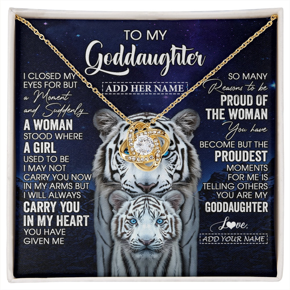 Love Knot Necklace 18K Yellow Gold Finish | 1 | Personalized To My Goddaughter Necklace From Godmother Uncle I Close My Eyes White Tiger Goddaughter Birthday Gift Christmas Gift Box Message Card | https://siriusteestore.