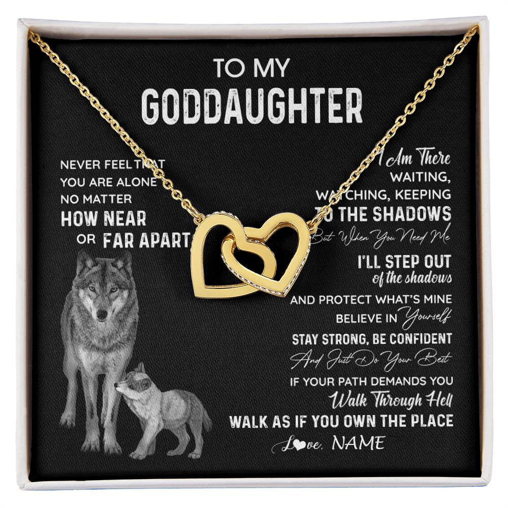 Interlocking Hearts Necklace 18K Yellow Gold Finish | 1 | Personalized To My Goddaughter Necklace From Godmother Uncle Never Feel You Are Alone Wolf Goddaughter Birthday Christmas Customized Gift Box Message Card | siriusteestore