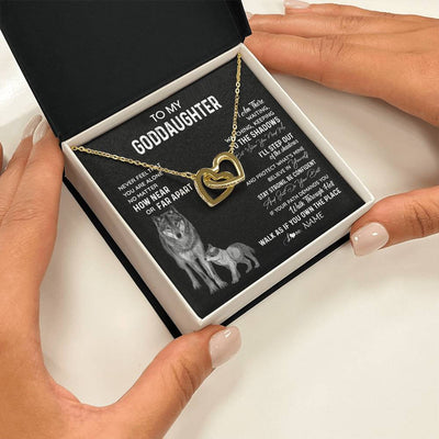 Interlocking Hearts Necklace 18K Yellow Gold Finish | 2 | Personalized To My Goddaughter Necklace From Godmother Uncle Never Feel You Are Alone Wolf Goddaughter Birthday Christmas Customized Gift Box Message Card | siriusteestore