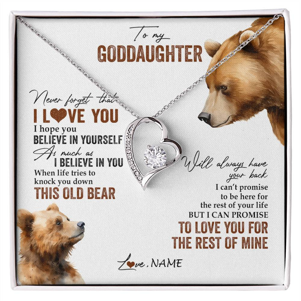 Forever Love Necklace 14K White Gold Finish | 1 | Personalized To My Goddaughter Necklace From Godmother Uncle Never Forget That I Love You Bear Goddaughter Birthday Christmas Customized Gift Box Message Card | siriusteestore