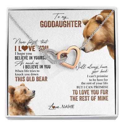 Interlocking Hearts Necklace Stainless Steel & Rose Gold Finish | 1 | Personalized To My Goddaughter Necklace From Godmother Uncle Never Forget That I Love You Bear Goddaughter Birthday Christmas Customized Gift Box Message Card | siriusteestore