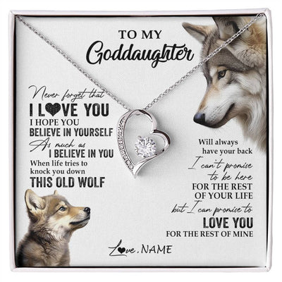 Forever Love Necklace 14K White Gold Finish | 1 | Personalized To My Goddaughter Necklace From Godmother Uncle This Old Wolf Love You Godchild Birthday Graduation Christmas Customized Gift Box Message Card | siriusteestore