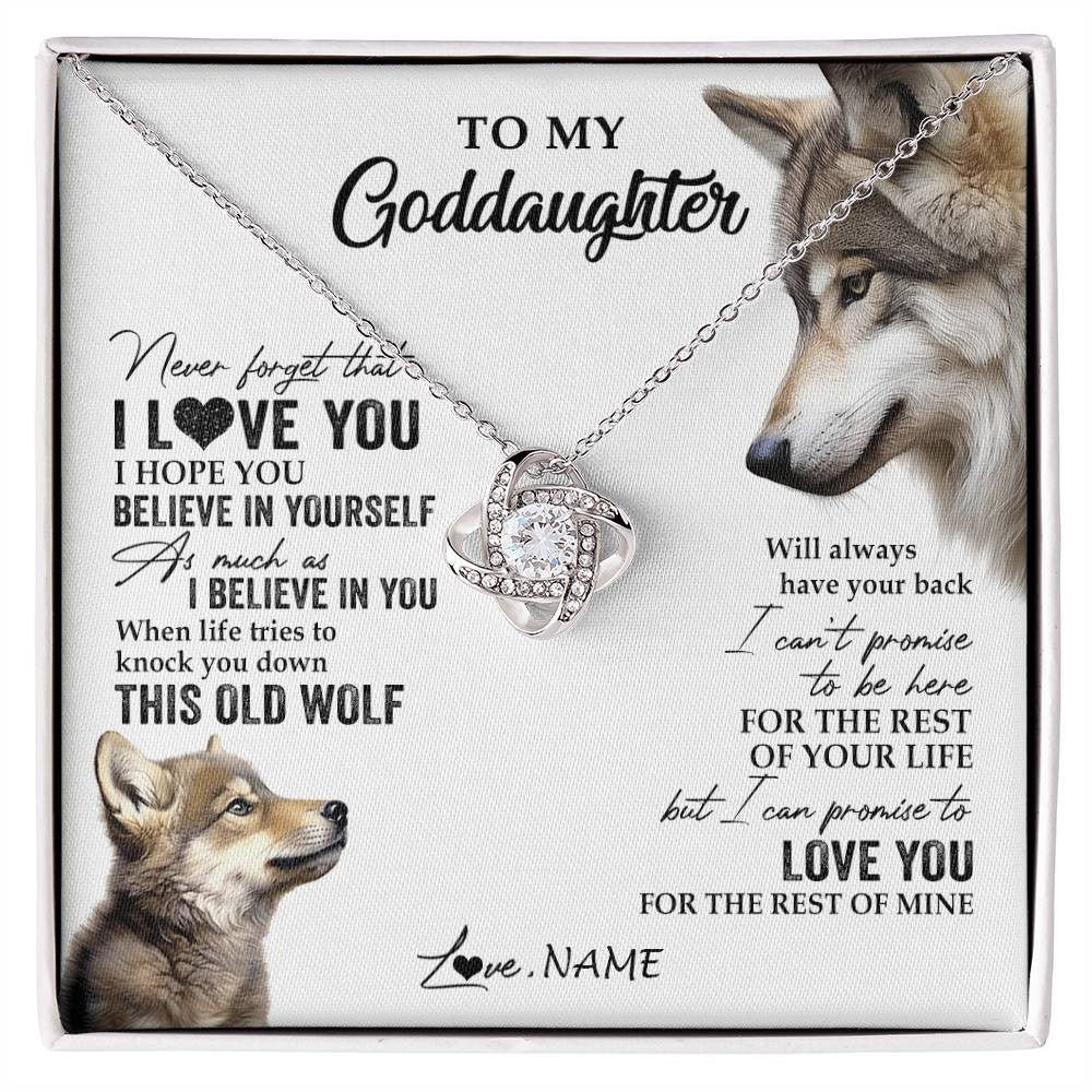 Love Knot Necklace 14K White Gold Finish | 1 | Personalized To My Goddaughter Necklace From Godmother Uncle This Old Wolf Love You Godchild Birthday Graduation Christmas Customized Gift Box Message Card | siriusteestore