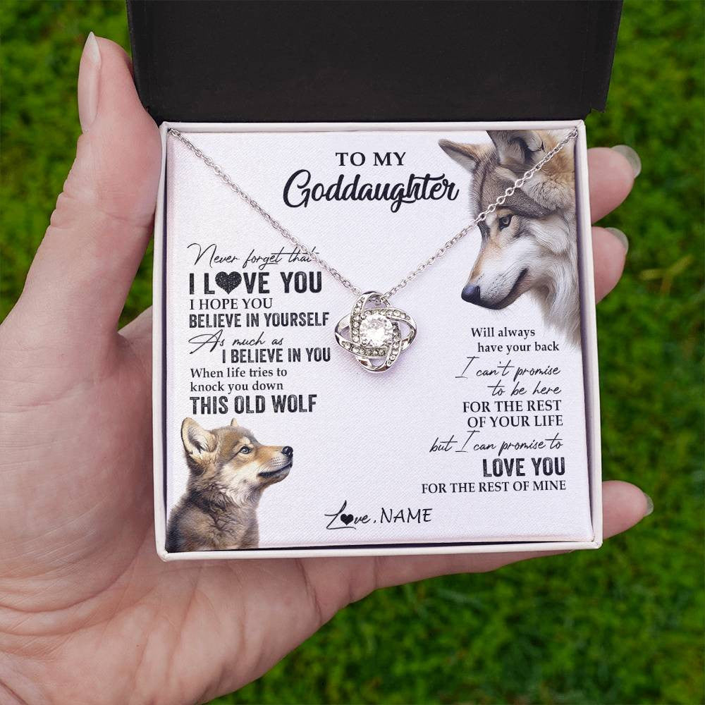 Love Knot Necklace 14K White Gold Finish | 2 | Personalized To My Goddaughter Necklace From Godmother Uncle This Old Wolf Love You Godchild Birthday Graduation Christmas Customized Gift Box Message Card | siriusteestore