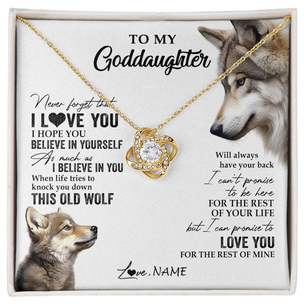 Love Knot Necklace 18K Yellow Gold Finish | 1 | Personalized To My Goddaughter Necklace From Godmother Uncle This Old Wolf Love You Godchild Birthday Graduation Christmas Customized Gift Box Message Card | siriusteestore