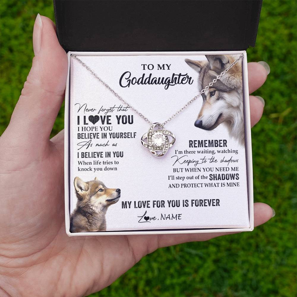 Love Knot Necklace 14K White Gold Finish | 2 | Personalized To My Goddaughter Necklace From Godmother Uncle Wolf My Love For You Is Forever Goddaughter Birthday Christmas Customized Gift Box Message Card | siriusteestore