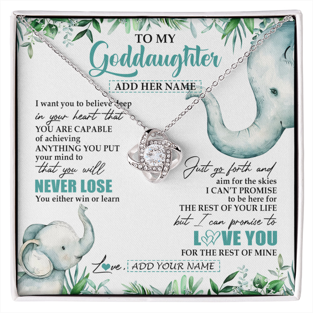 Love Knot Necklace 14K White Gold Finish | 1 | Personalized To My Goddaughter Necklace From Godmother Uncle You Will Never Lose Elephant Goddaughter Birthday Gifts Christmas Custom Gift Box Message Card | siriusteestore